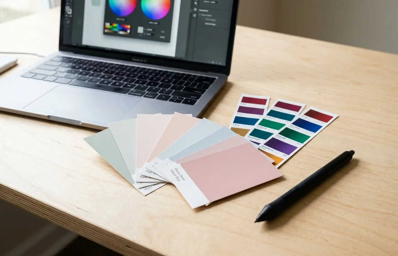 A designer's workspace with color swatches, a laptop, and image-editing tools